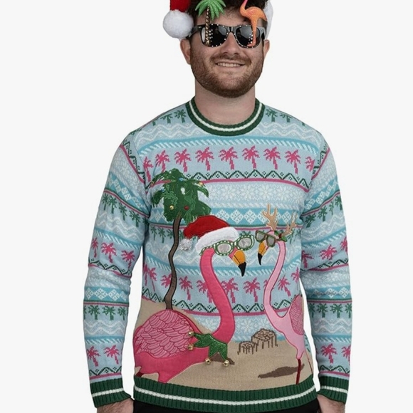 Men's Tropical Flamingo Sweater - Pink and Green - Picture 1 of 5